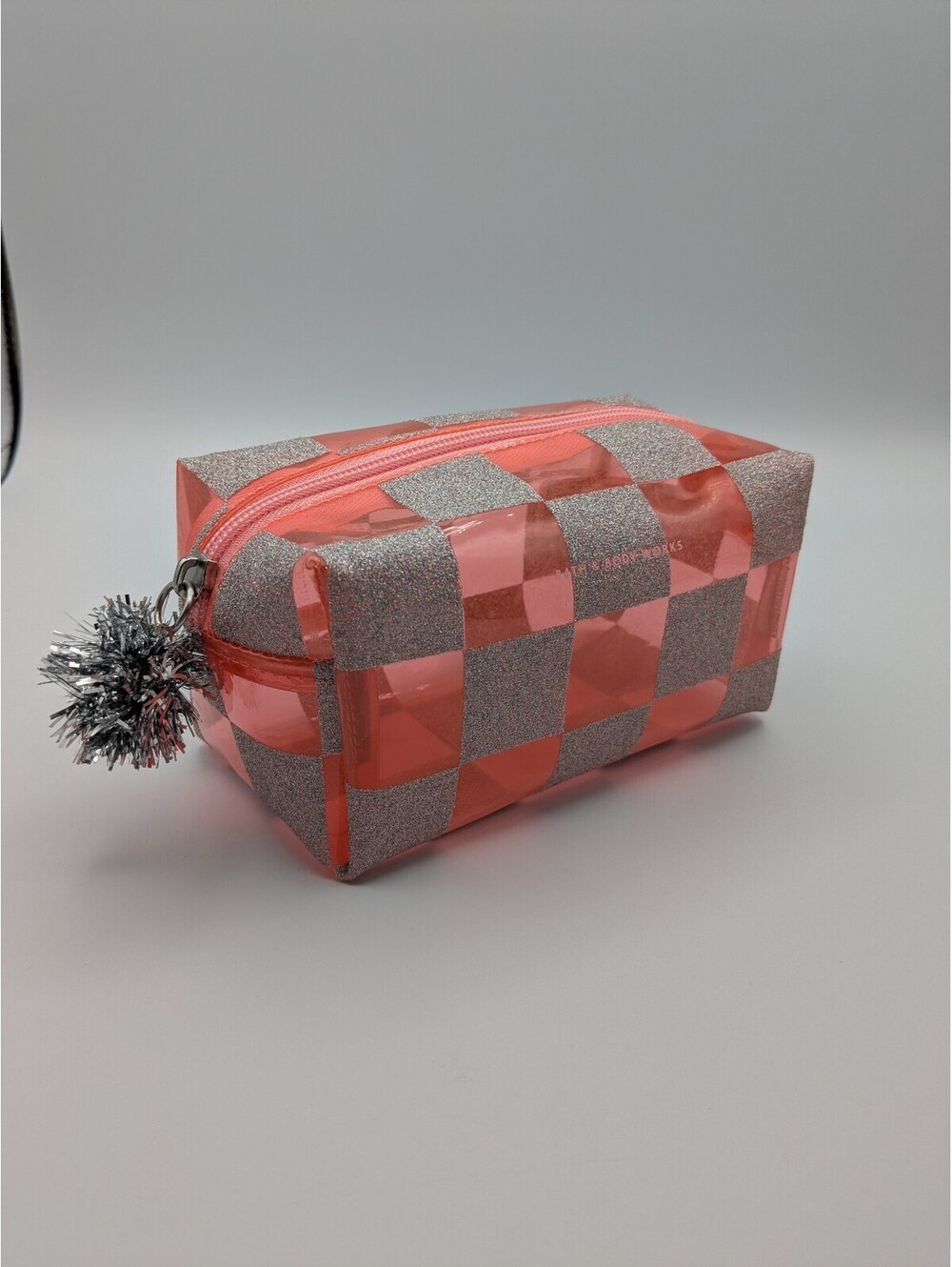 Bath & Body Works Coral Pink Silver Checkered Cosmetic Makeup Bag w/ Pom Pom